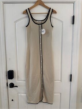NWT Shop Worth Collective Sleeveless Beige Button-Front Knit Dress Black Trim